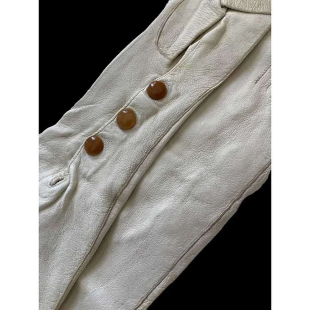 Vintage French White Kid Leather Elbow Length Opera Gloves Pearl Buttons XS